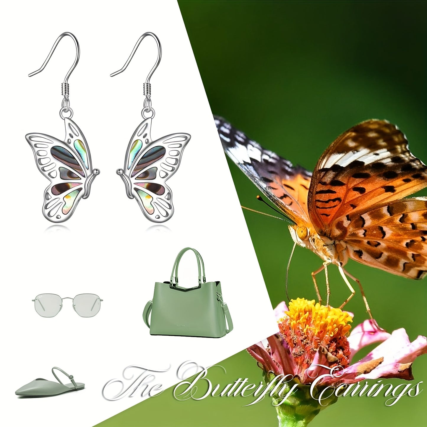 925 Pure Silvery Women's Abalone Shell Butterfly Pendant Earrings