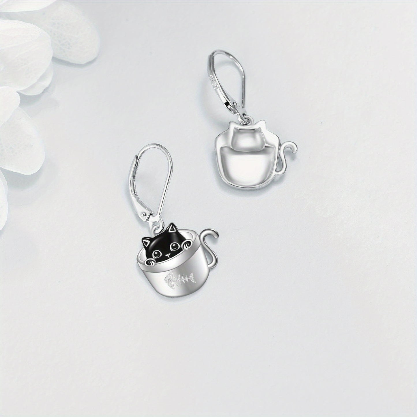 Women's Cat Earrings 925 Sterling Silvery Cup Black Cat Dangle Earrings Cute Animal Earrings Women's Jewelry