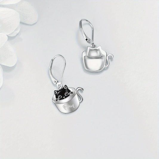 Women's Cat Earrings 925 Sterling Silvery Cup Black Cat Dangle Earrings Cute Animal Earrings Women's Jewelry