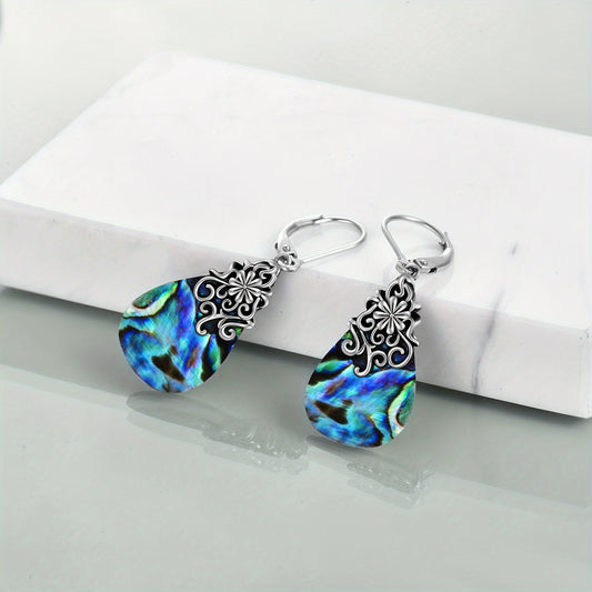 Abalone Shell Filigree Teardrop Drop Dangle Earrings Sterling Silver Vintage Leverback Earrings