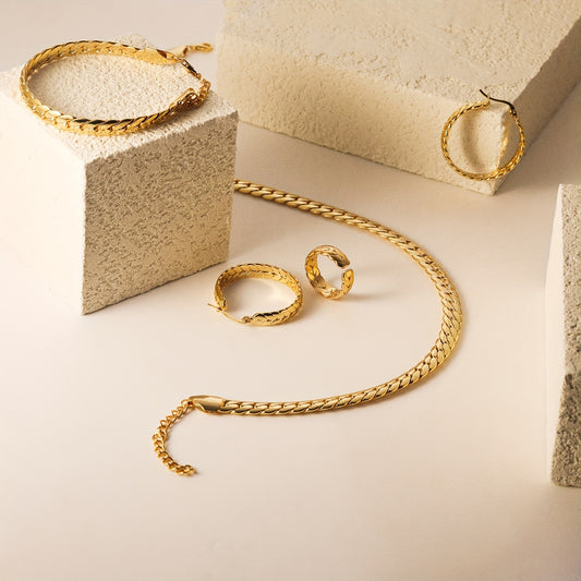 18k Golden Plated 4pcs Jewelry Set - Men And Women - Stylish Elegance - Avant-garde Handsome - The Perfect Gift for Family, Friends - Any Holiday - Valentine's Day, Birthday, Anniversary - Gift Box