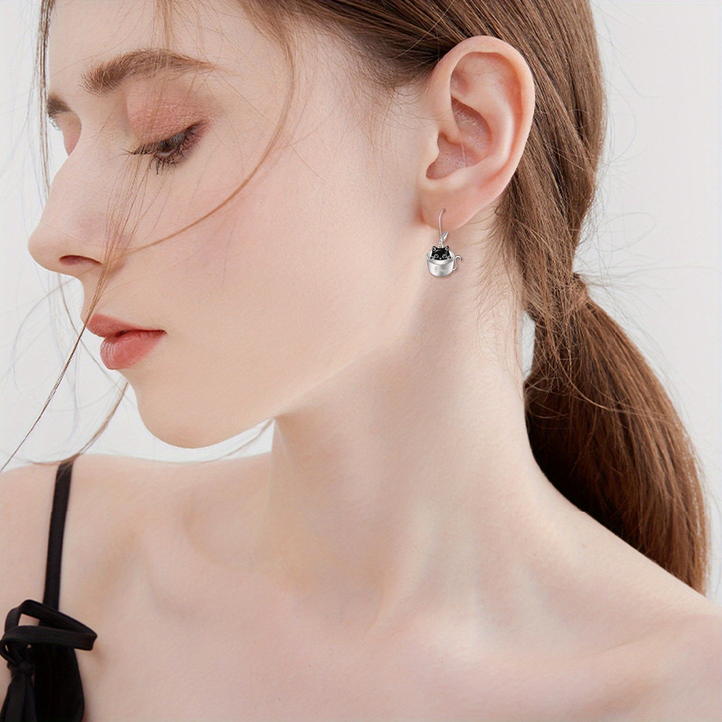 Women's Cat Earrings 925 Sterling Silvery Cup Black Cat Dangle Earrings Cute Animal Earrings Women's Jewelry