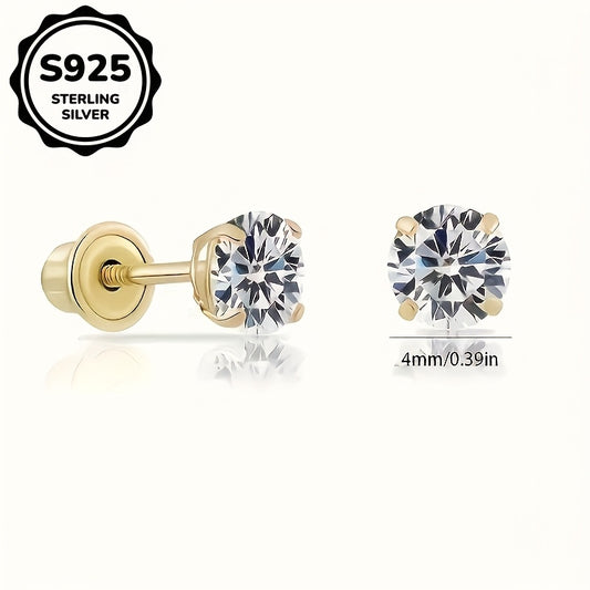 18k Golden Plated 925 Sterling Silver Single Round Three-dimensional Synthetic Zirconia Earrings For My Girlfriend'S Christmas Gift