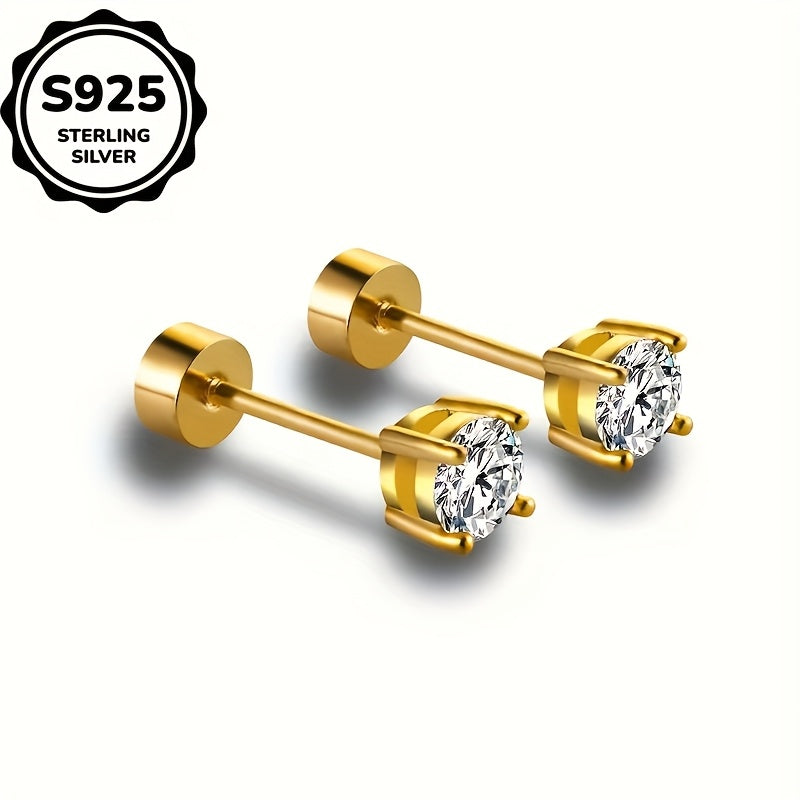 18k Golden Plated 925 Sterling Silver Single Round Three-dimensional Synthetic Zirconia Earrings For My Girlfriend'S Christmas Gift