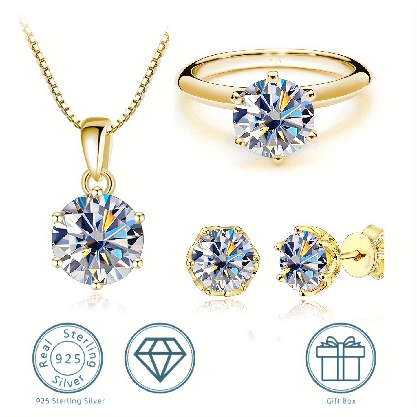 4pcs 1 carat Moissanite necklace + 1 carat Moissanite ring + 1 carat * 2 Moissanite earrings 925 sterling silver jewelry, available in a variety of colors, with certificate and gift box.