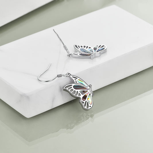 925 Pure Silvery Women's Abalone Shell Butterfly Pendant Earrings
