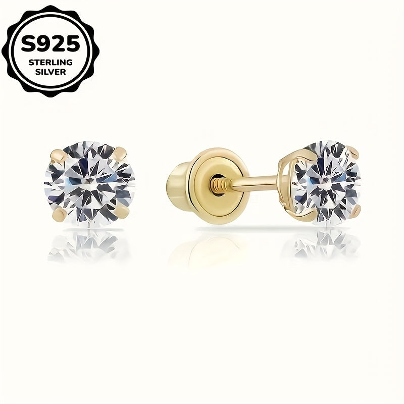 18k Golden Plated 925 Sterling Silver Single Round Three-dimensional Synthetic Zirconia Earrings For My Girlfriend'S Christmas Gift
