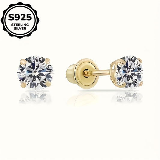 18k Golden Plated 925 Sterling Silver Single Round Three-dimensional Synthetic Zirconia Earrings For My Girlfriend'S Christmas Gift