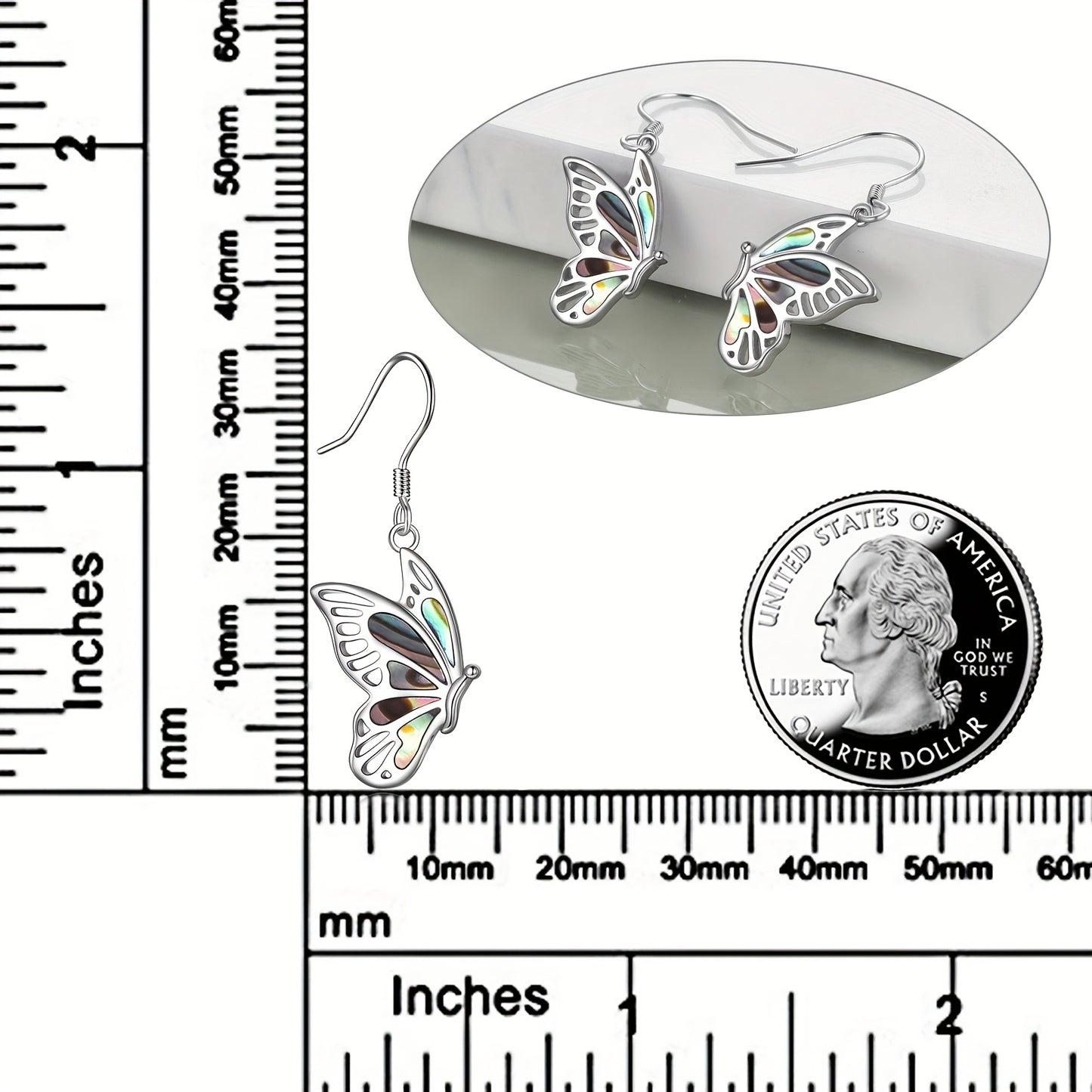 925 Pure Silvery Women's Abalone Shell Butterfly Pendant Earrings
