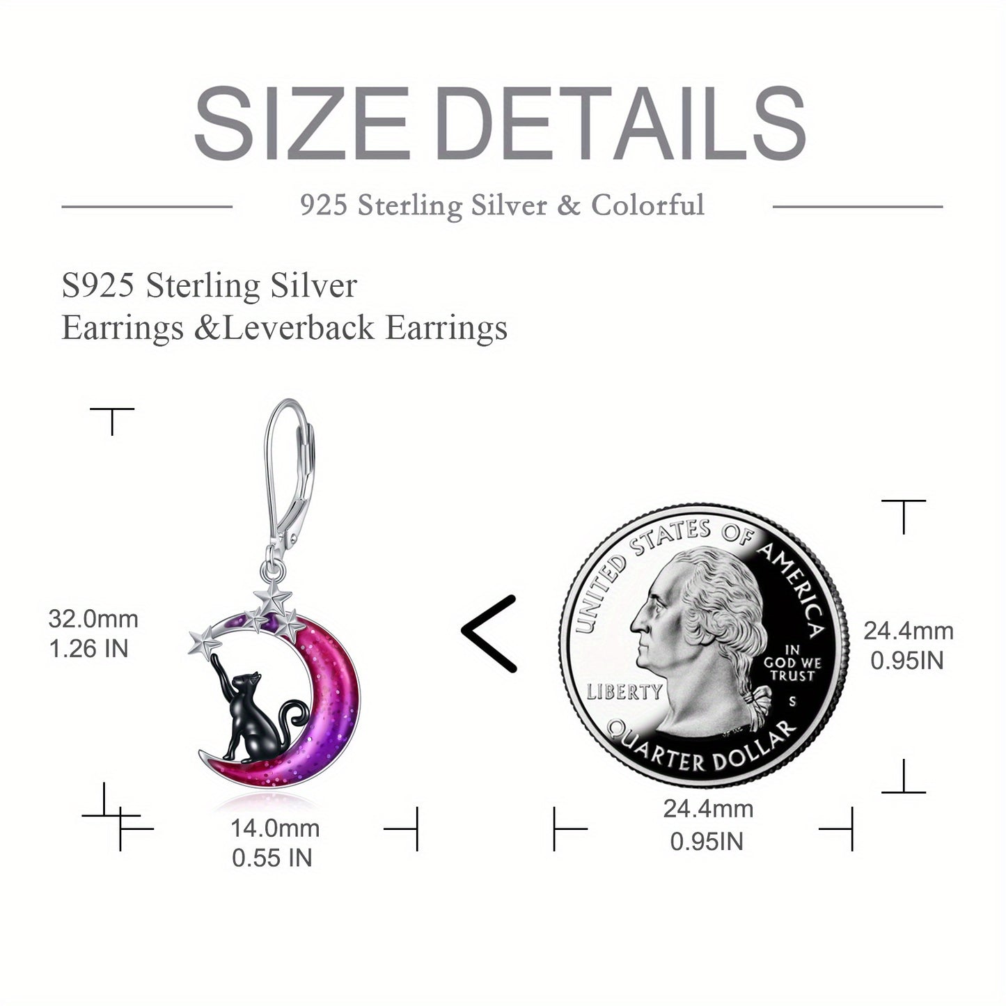 Colorful Moon Cat Earrings - 925 Sterling Silver Black Cat Moon Leverback Dangle Earrings