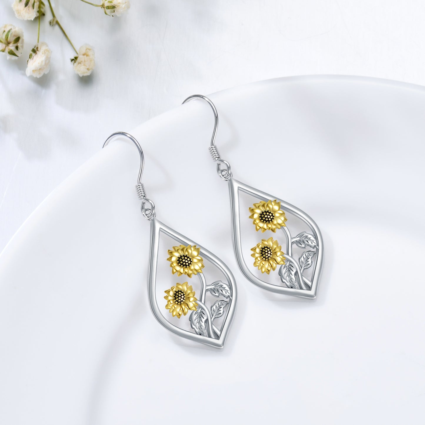 Sterling Silver Sunflower Dangle Earrings - Boho Chic Floral Drop Charm Jewelry with Golden-Tone Accents, Perfect for Daily Wear or Gifting, All-Season Versatile Design, Sunflower Jewelry