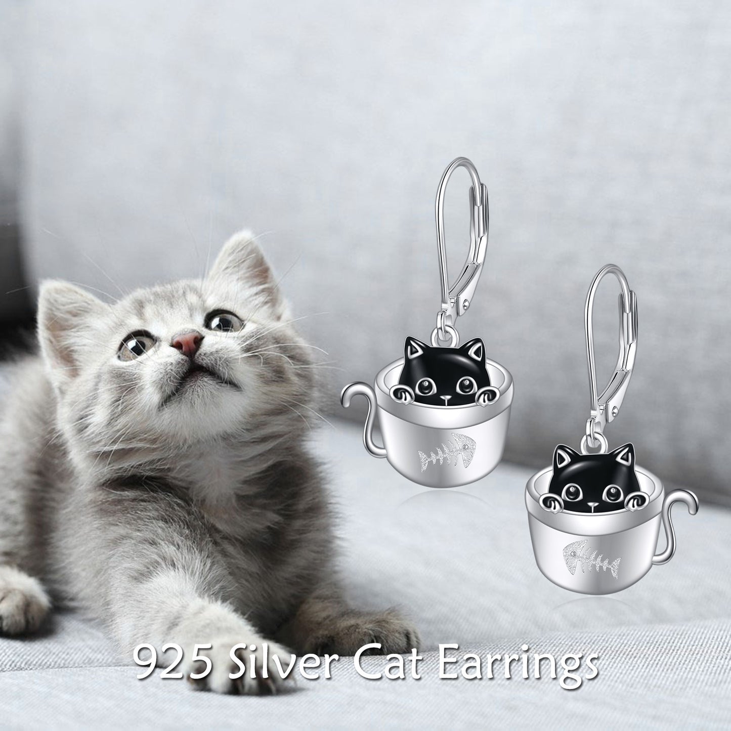 Women's Cat Earrings 925 Sterling Silvery Cup Black Cat Dangle Earrings Cute Animal Earrings Women's Jewelry