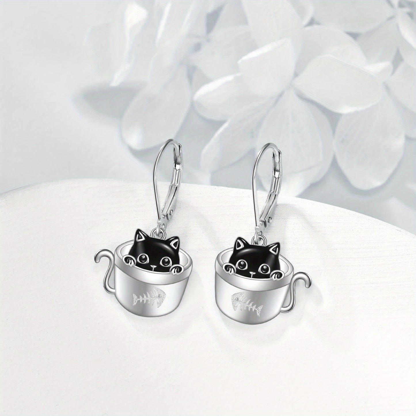 Women's Cat Earrings 925 Sterling Silvery Cup Black Cat Dangle Earrings Cute Animal Earrings Women's Jewelry