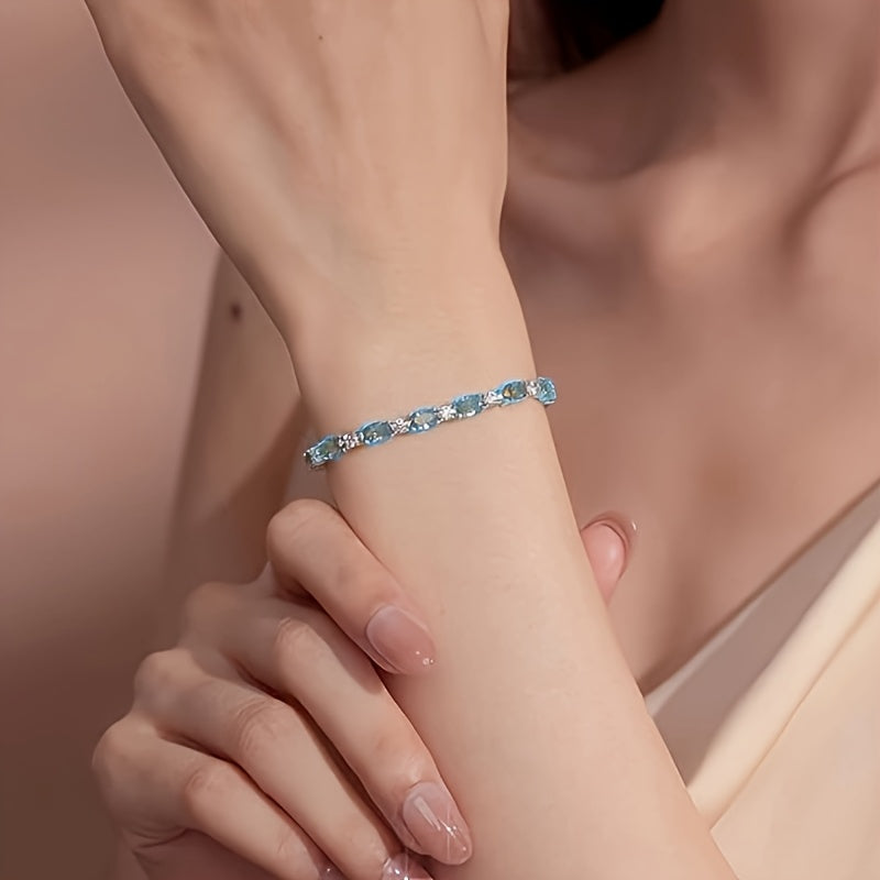 [Sterling Silver Aquamarine Bracelet] Aquamarine Crystal Sterling Silver Elegant Delicate Fashion Bracelet, 925 Sterling Silver, Prevent Allergies, Anniversary Birthday Gifts, Gift Packaging Exquisitely