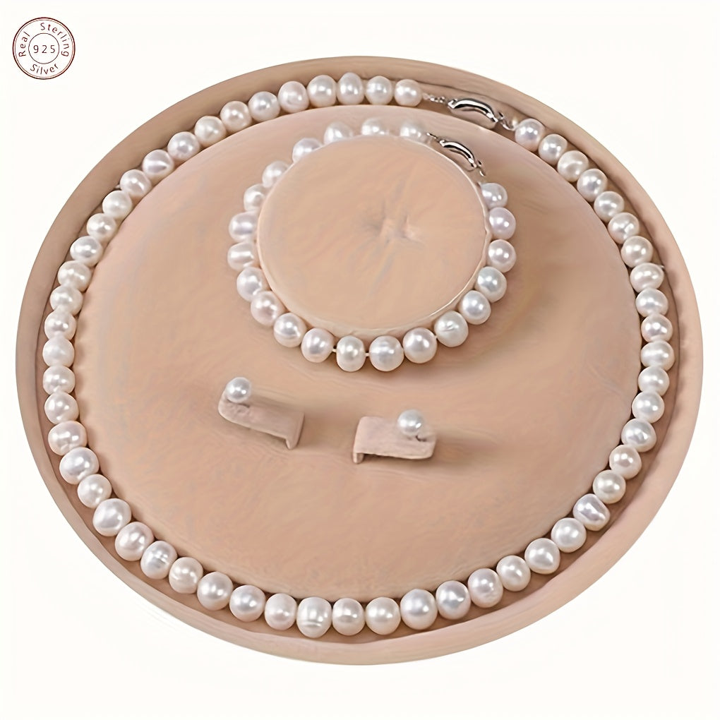 [Luxury Pearls Jewelry] 3pcs Luxury 925 Silver Freshwater Pearls Jewelry Set (Necklace, Bracelet, Earrings) | Daily Wear, Valentine's Day Anniversary Gift, Christmas Gift for Family, Complimentary Gift Box