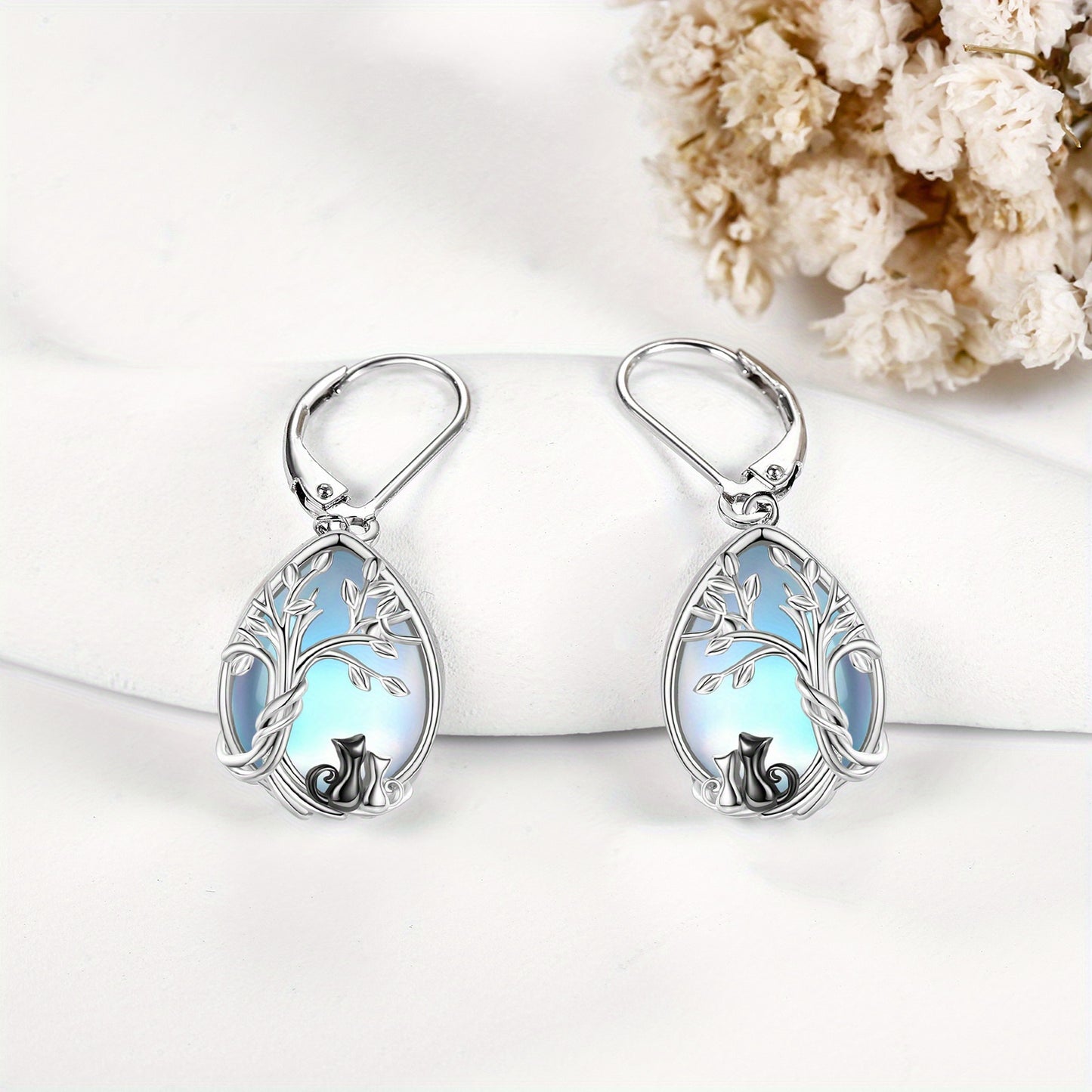 Synthetic Moonstone Mother Daughter Cat Earrings for Women 925 Sterling Silver Black Cat Earrings Dangle Tree of Life Synthetic Moonstone Jewelry