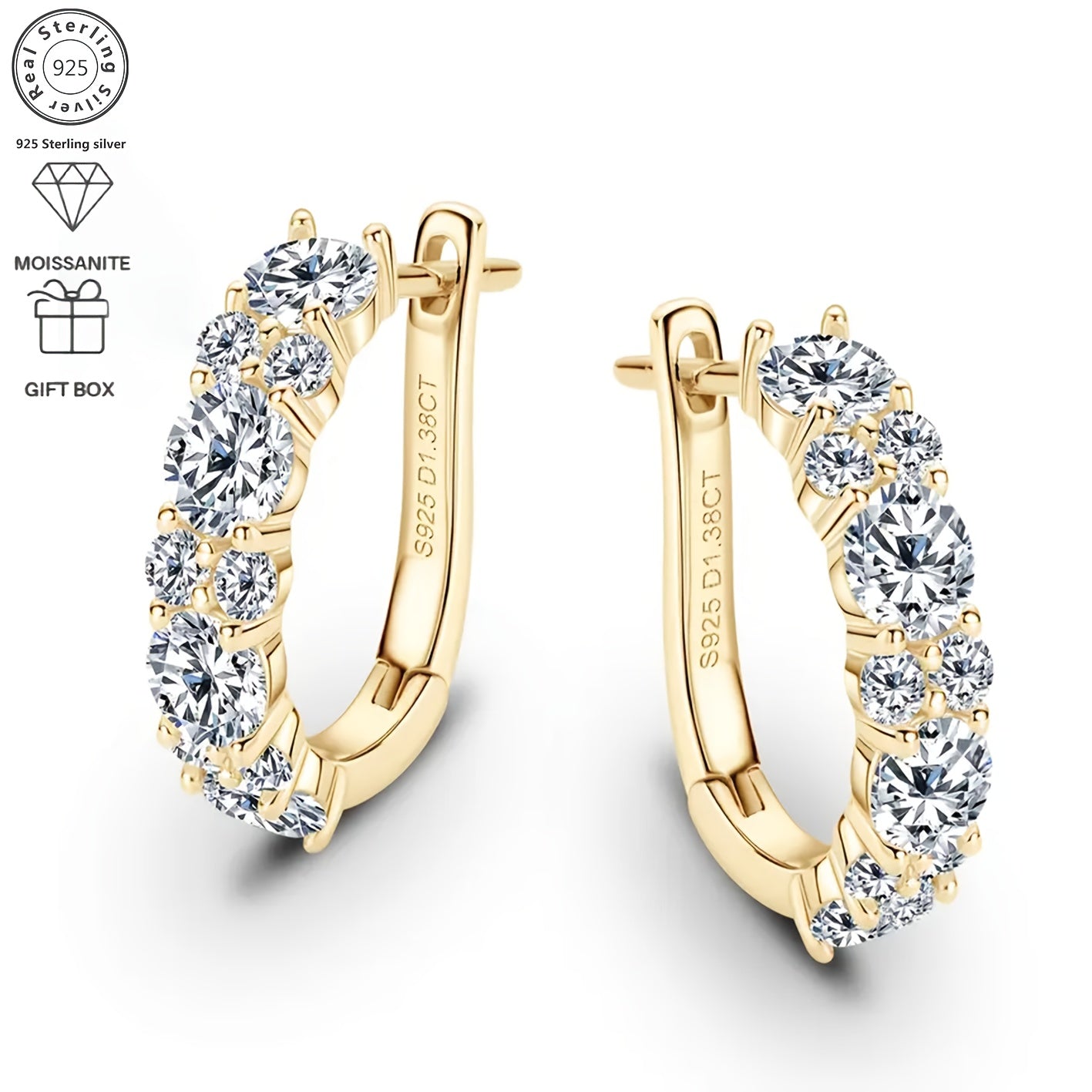 A Pair Of Fashionable Earrings for Women, 925 Silver D-shaped 1.38ct Moissanite Earrings, Elegant And Exquisite, A Festival Gift, Women's Earrings, Jewelry Gift, Earrings for Women, Mother's Day Gift, High-quality Women's Jewelry, Gift Box As A Gift