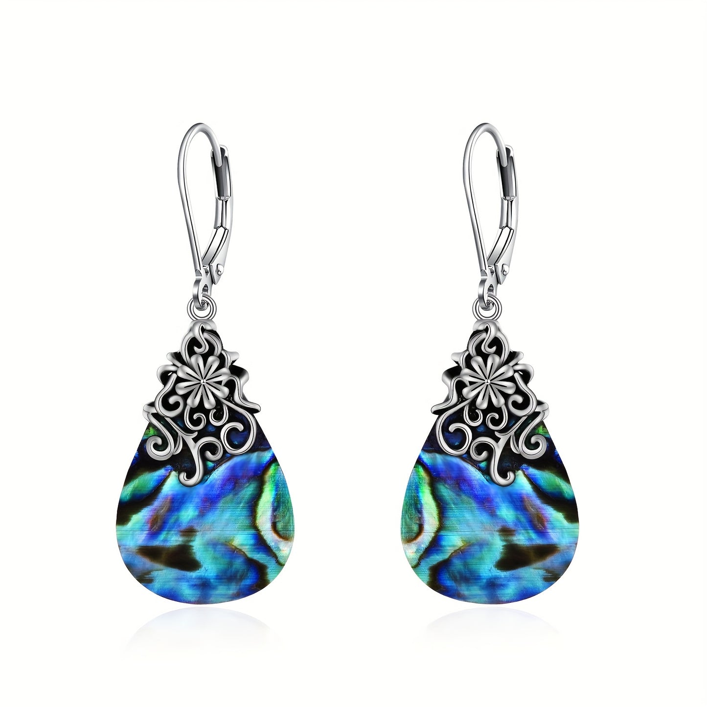 Abalone Shell Filigree Teardrop Drop Dangle Earrings Sterling Silver Vintage Leverback Earrings