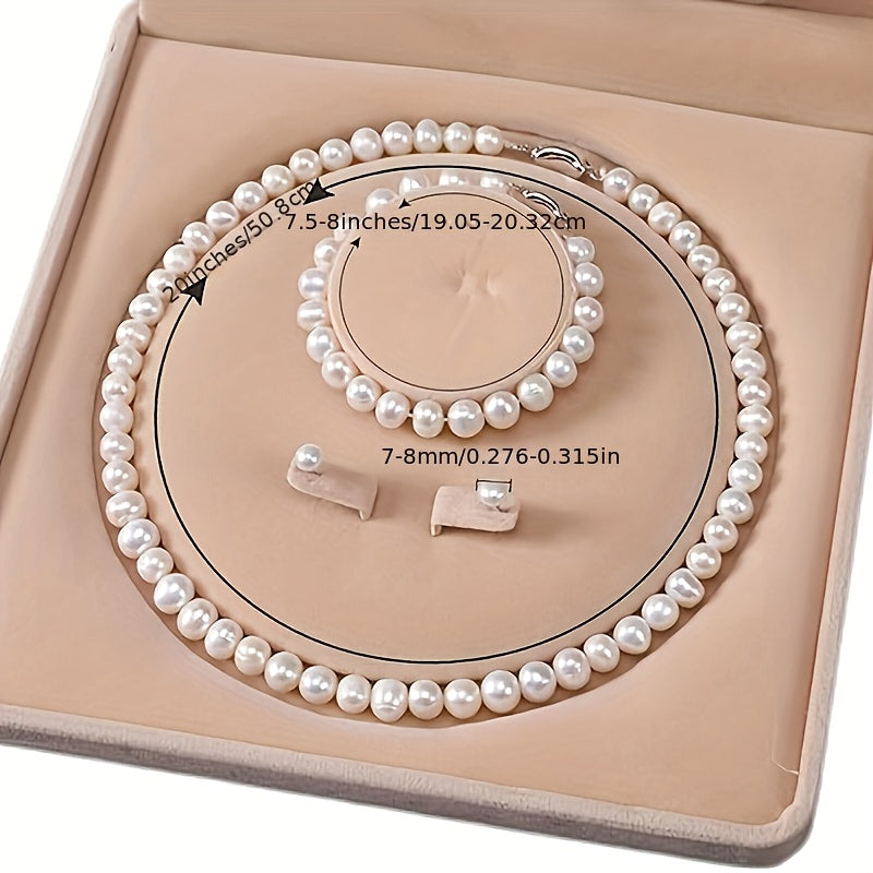 [Luxury Pearls Jewelry] 3pcs Luxury 925 Silver Freshwater Pearls Jewelry Set (Necklace, Bracelet, Earrings) | Daily Wear, Valentine's Day Anniversary Gift, Christmas Gift for Family, Complimentary Gift Box