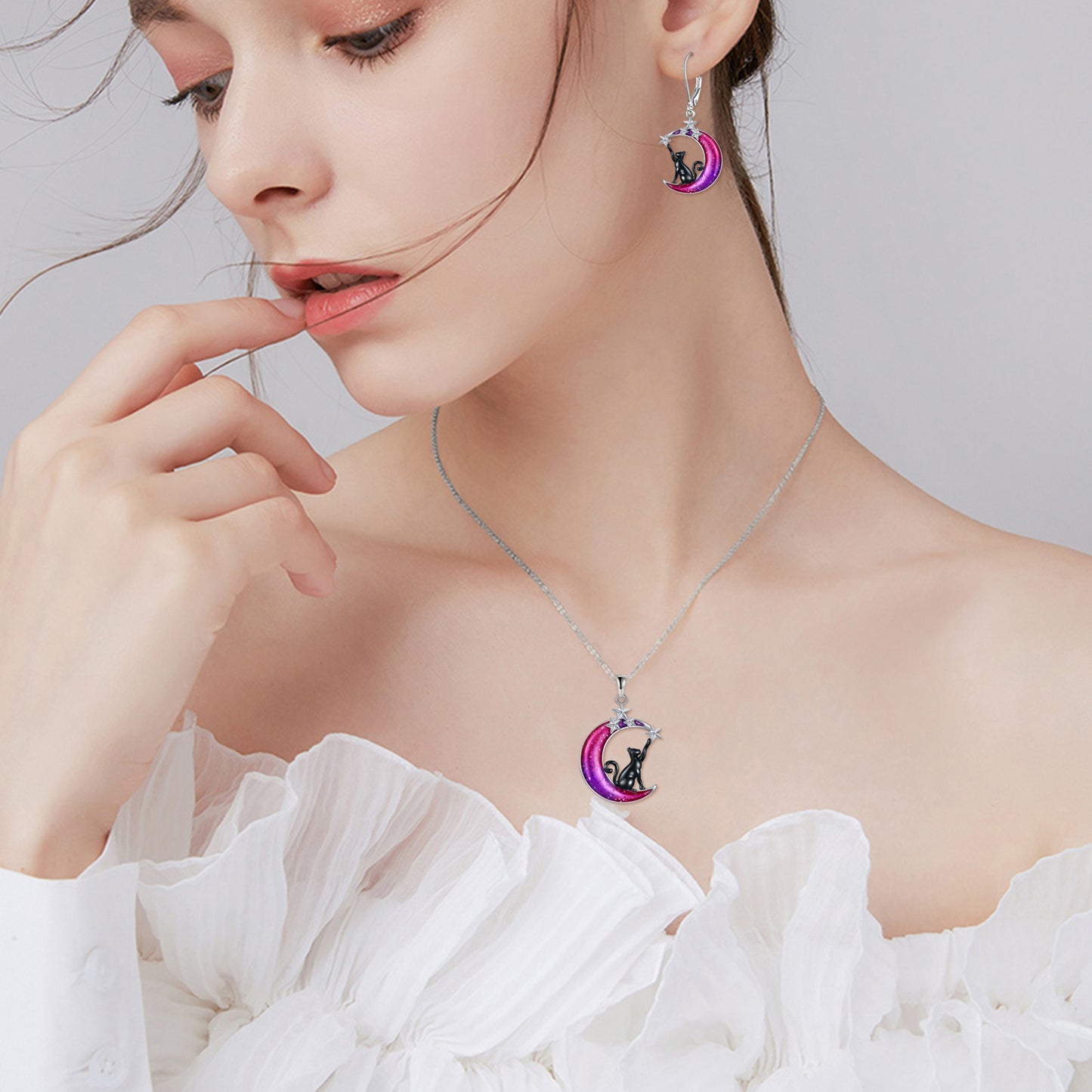 Colorful Moon Cat Earrings - 925 Sterling Silver Black Cat Moon Leverback Dangle Earrings