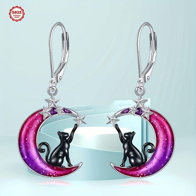 Colorful Moon Cat Earrings - 925 Sterling Silver Black Cat Moon Leverback Dangle Earrings
