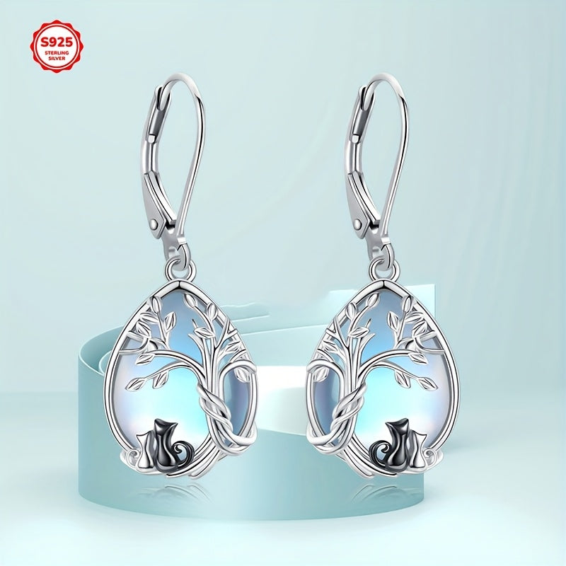 Synthetic Moonstone Mother Daughter Cat Earrings for Women 925 Sterling Silver Black Cat Earrings Dangle Tree of Life Synthetic Moonstone Jewelry