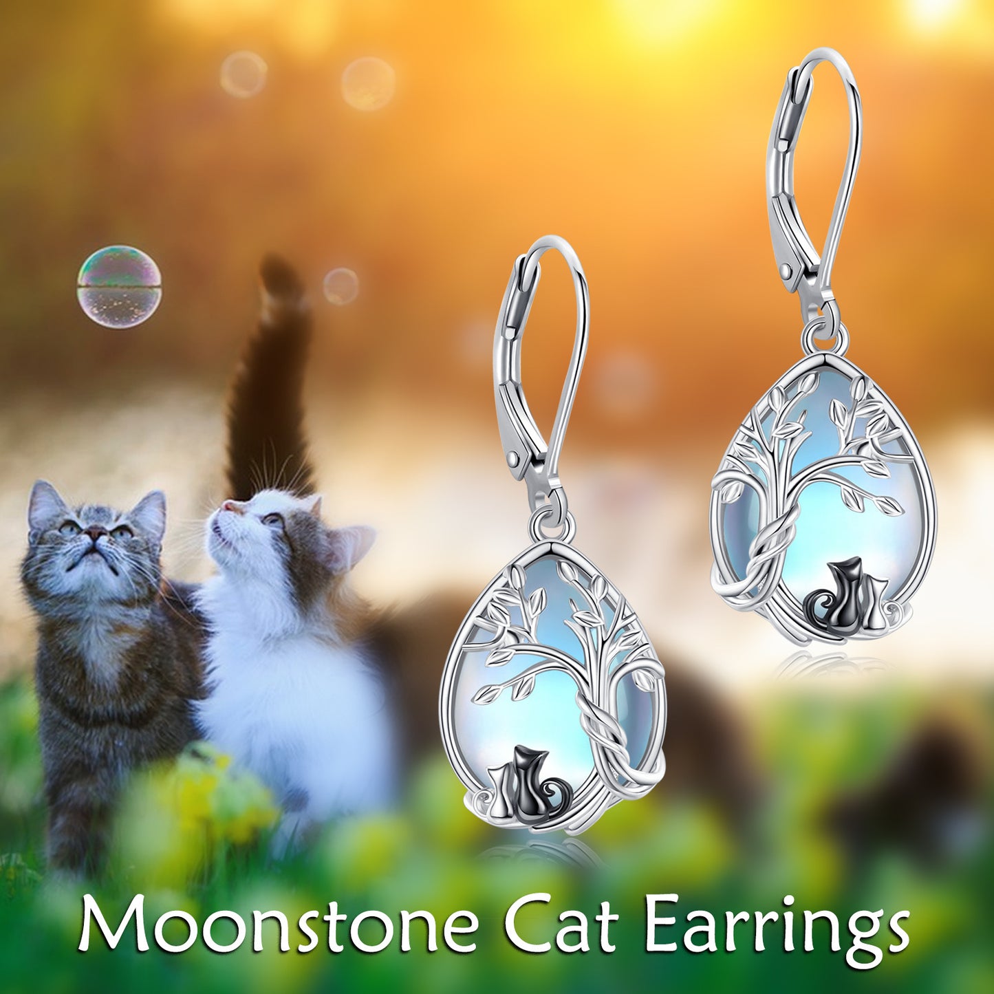 Synthetic Moonstone Mother Daughter Cat Earrings for Women 925 Sterling Silver Black Cat Earrings Dangle Tree of Life Synthetic Moonstone Jewelry
