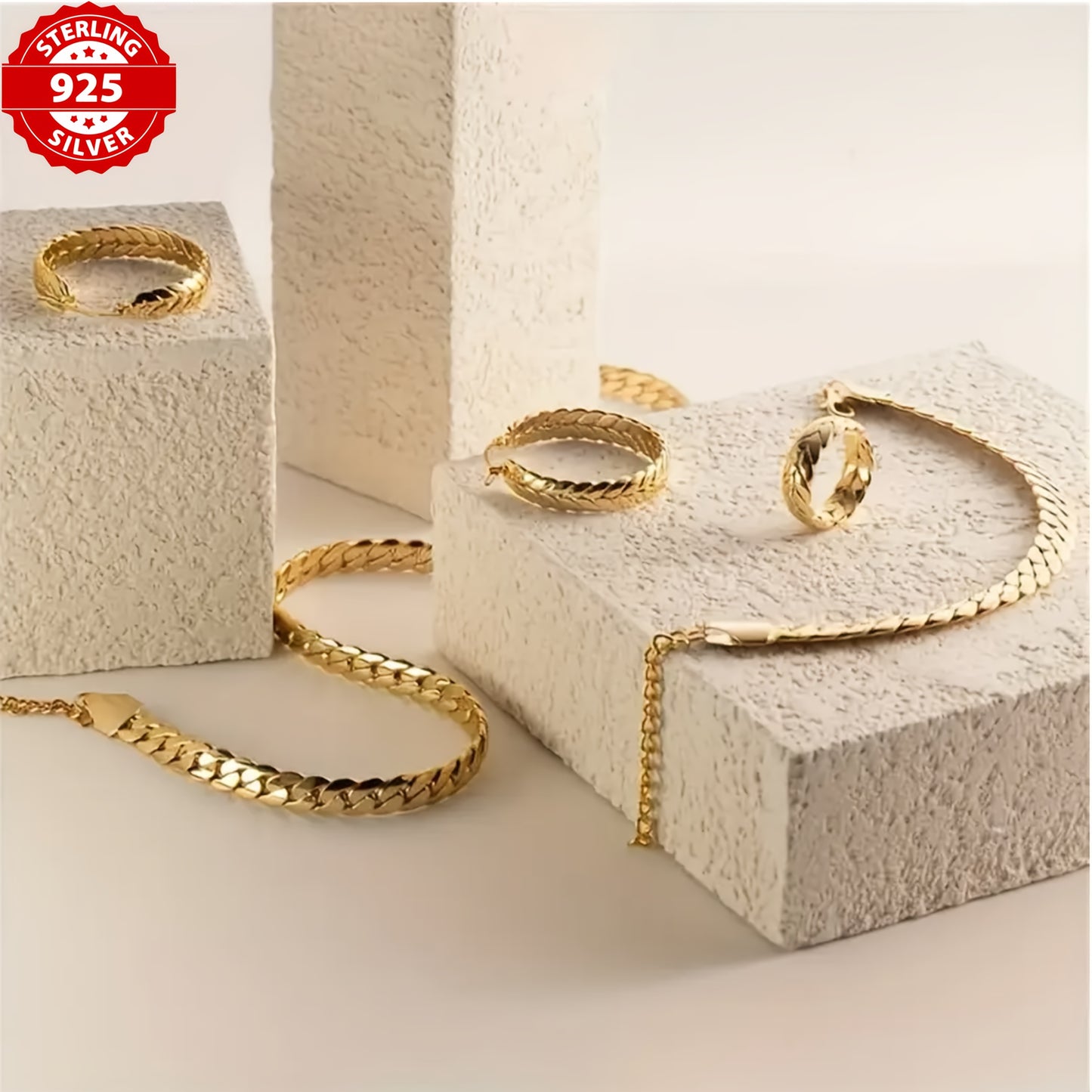 [Serpentine Jewelry] A Serpentine Jewelry 4pcs Set | 923 Silvery 18k Golden Plated | Suitable For Ladies, Wife, Daughter, Birthdays, Anniversaries, Valentine's Day | Comes With An Elegant Gift Box
