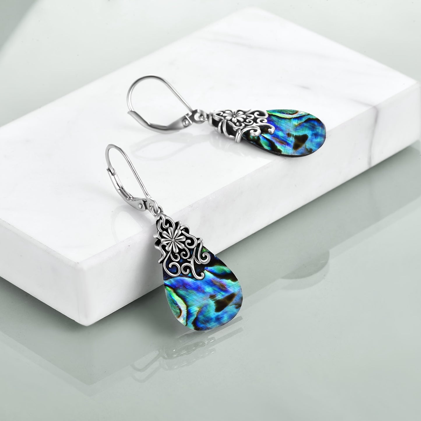 Abalone Shell Filigree Teardrop Drop Dangle Earrings Sterling Silver Vintage Leverback Earrings