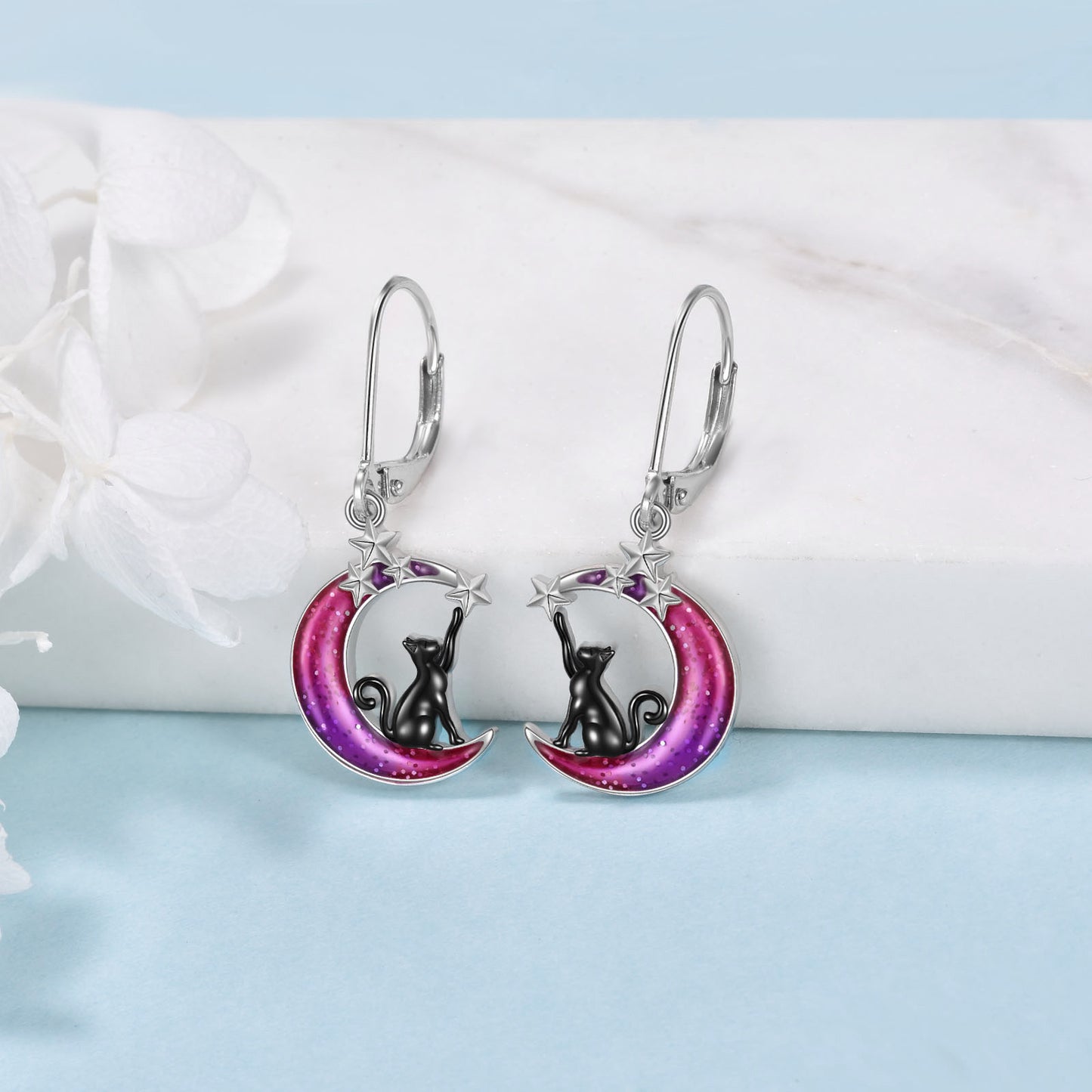 Colorful Moon Cat Earrings - 925 Sterling Silver Black Cat Moon Leverback Dangle Earrings