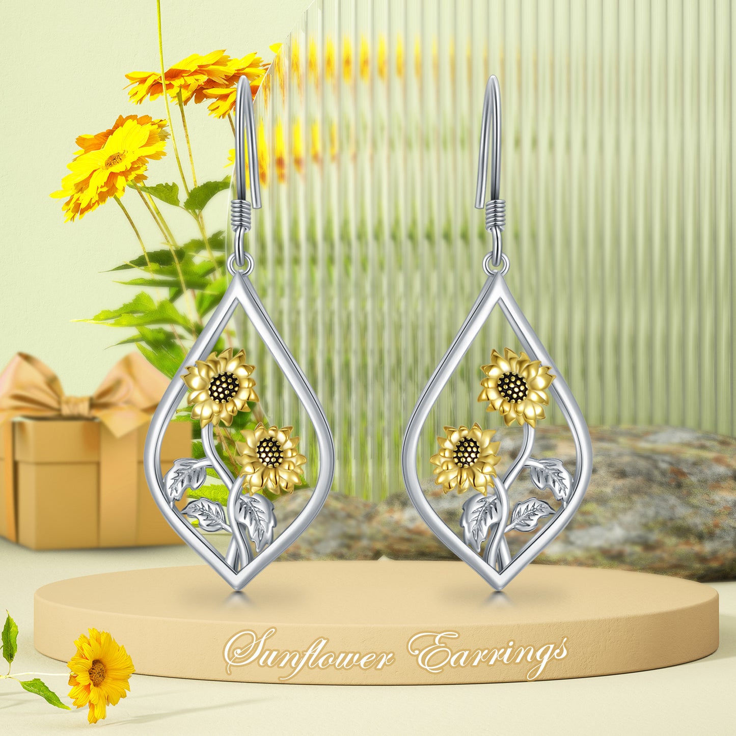 Sterling Silver Sunflower Dangle Earrings - Boho Chic Floral Drop Charm Jewelry with Golden-Tone Accents, Perfect for Daily Wear or Gifting, All-Season Versatile Design, Sunflower Jewelry