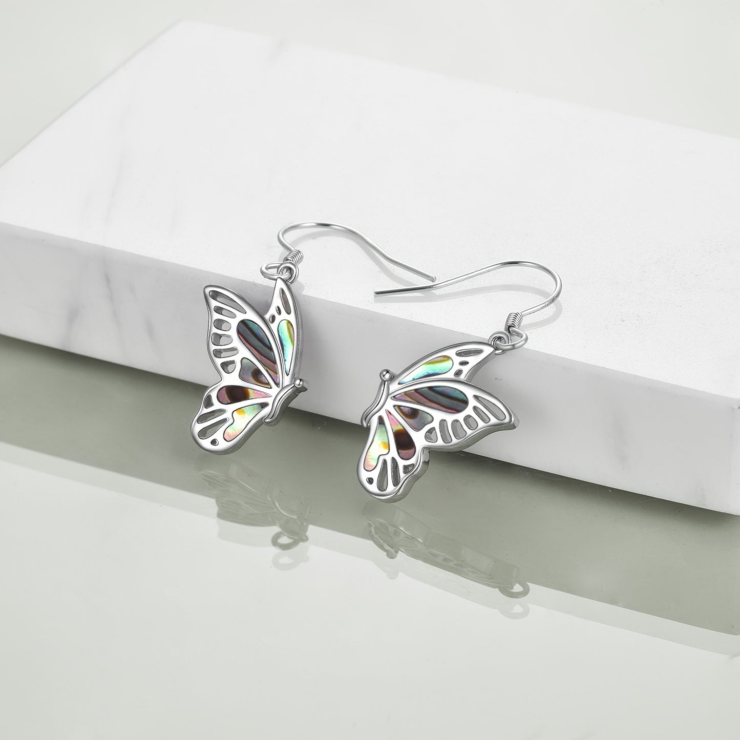 925 Pure Silvery Women's Abalone Shell Butterfly Pendant Earrings