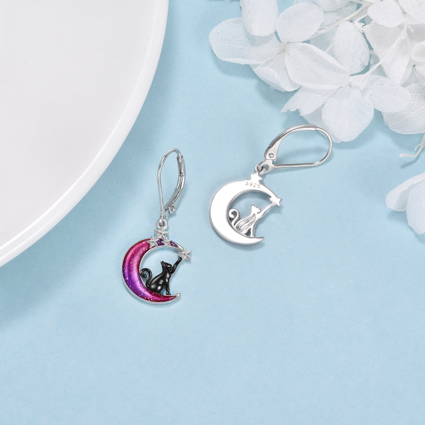 Colorful Moon Cat Earrings - 925 Sterling Silver Black Cat Moon Leverback Dangle Earrings