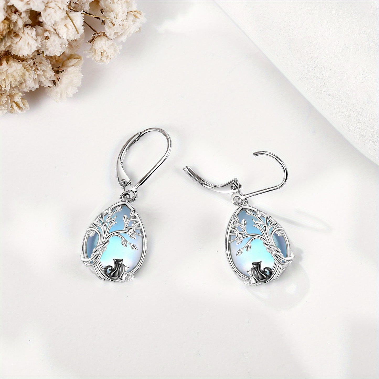 Synthetic Moonstone Mother Daughter Cat Earrings for Women 925 Sterling Silver Black Cat Earrings Dangle Tree of Life Synthetic Moonstone Jewelry