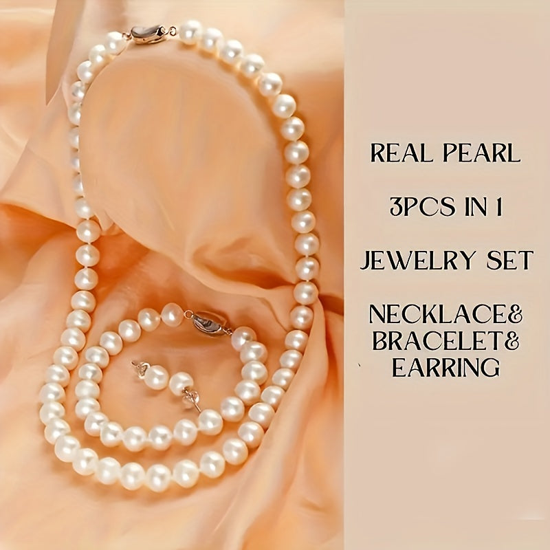 [Luxury Pearls Jewelry] 3pcs Luxury 925 Silver Freshwater Pearls Jewelry Set (Necklace, Bracelet, Earrings) | Daily Wear, Valentine's Day Anniversary Gift, Christmas Gift for Family, Complimentary Gift Box