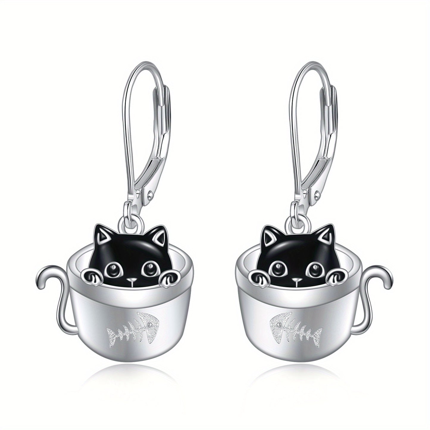 Women's Cat Earrings 925 Sterling Silvery Cup Black Cat Dangle Earrings Cute Animal Earrings Women's Jewelry