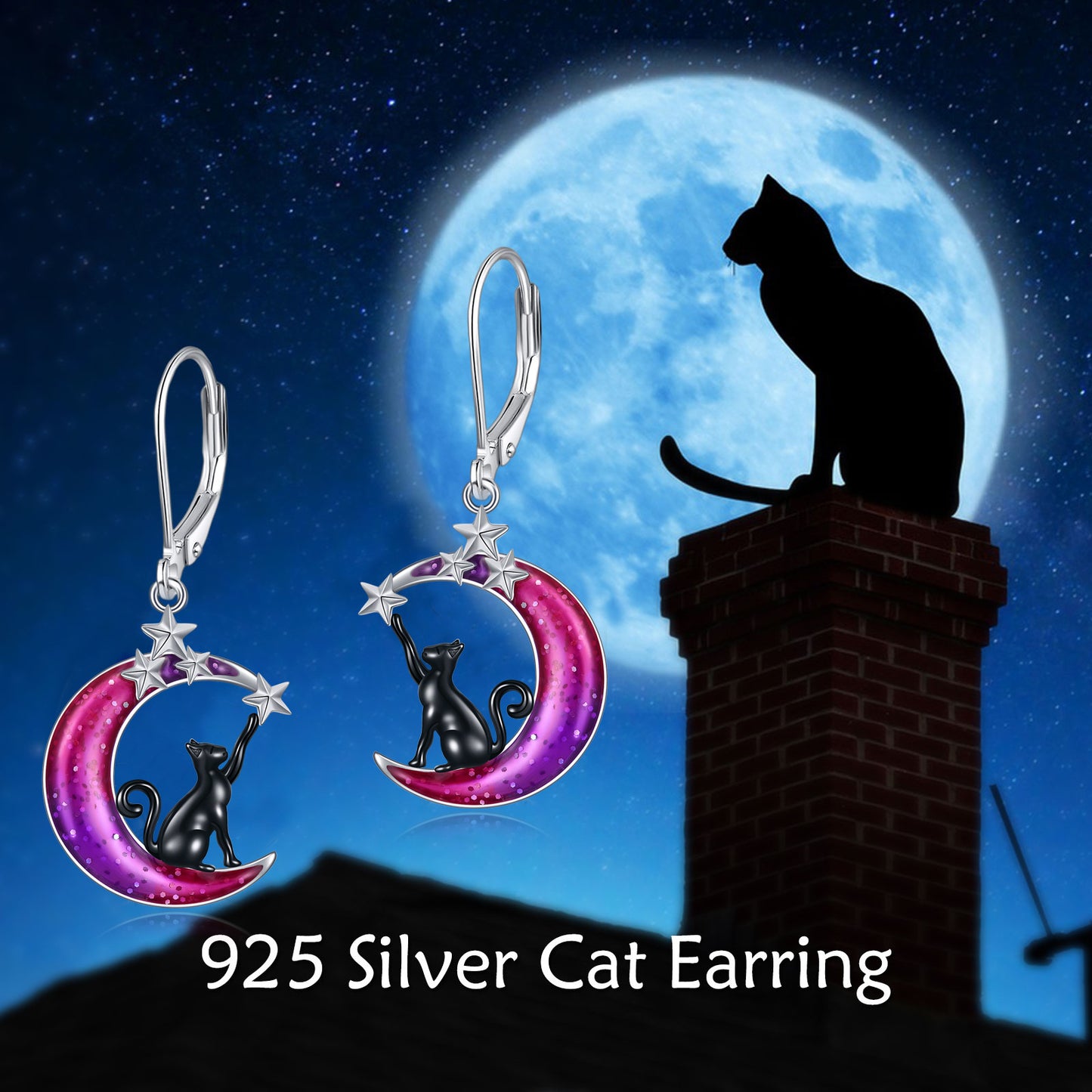 Colorful Moon Cat Earrings - 925 Sterling Silver Black Cat Moon Leverback Dangle Earrings
